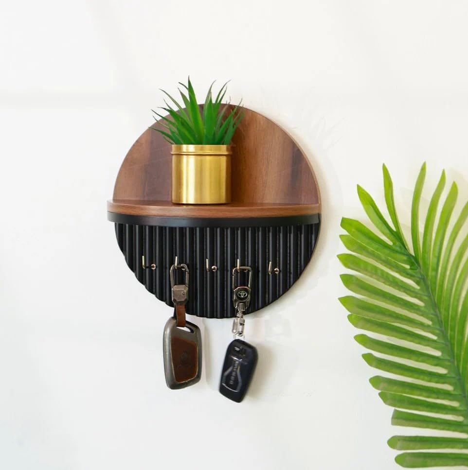Round Wooden Wall Key Holder with Floating Display Shelf