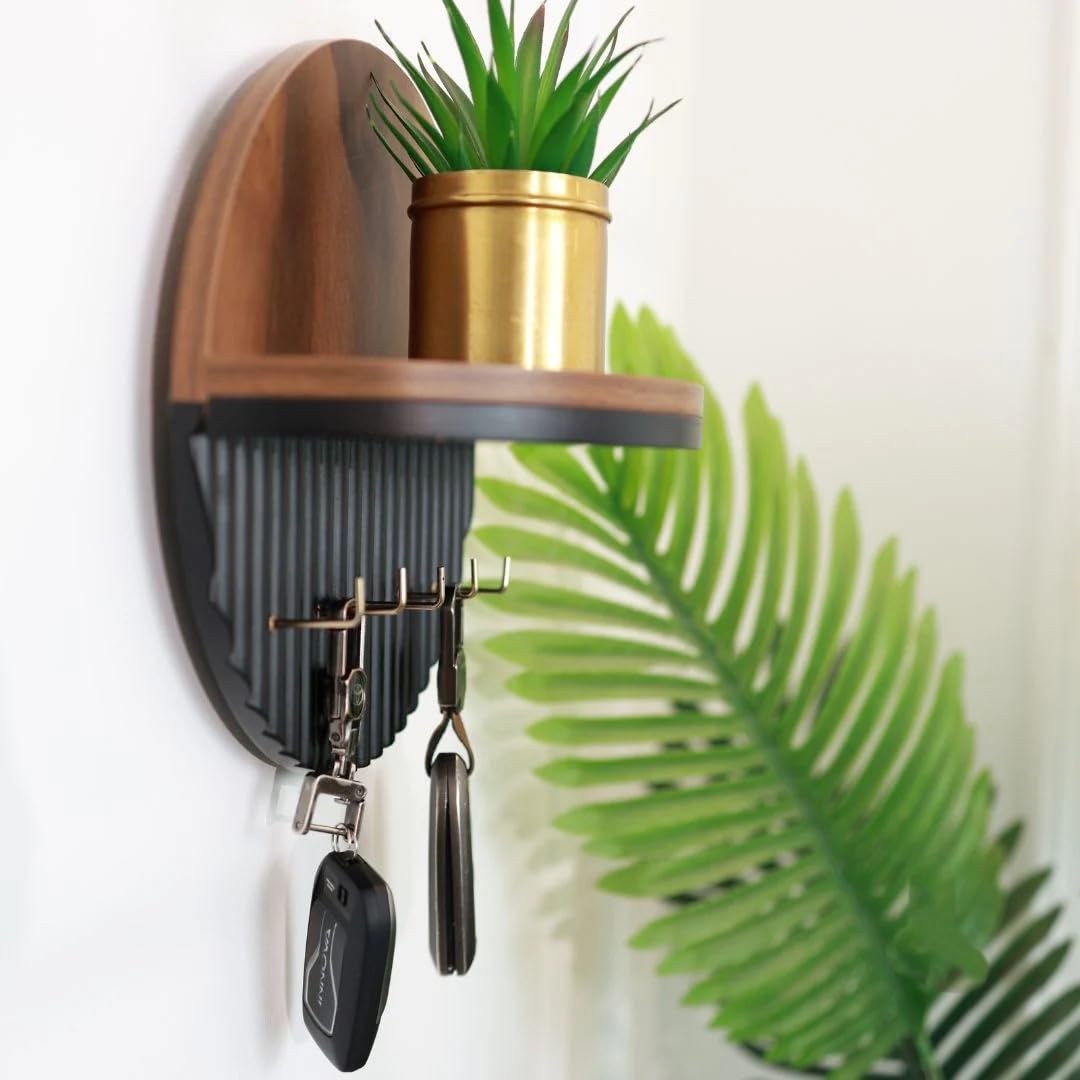 Round Wooden Wall Key Holder with Floating Display Shelf