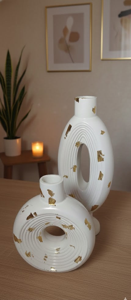 White & Gold Donut Ring Vase Set of 2