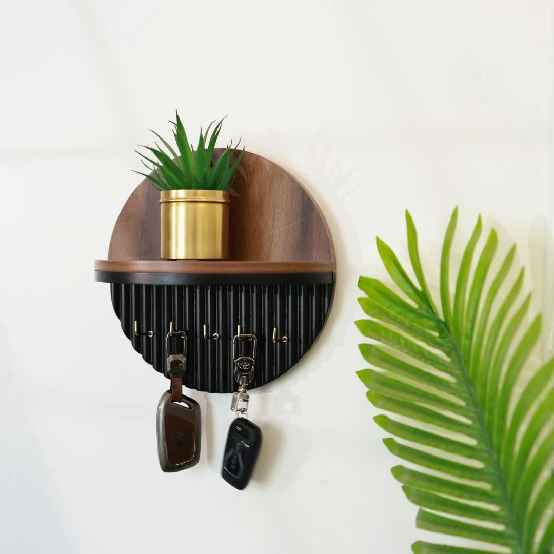 Round Wooden Wall Key Holder with Floating Display Shelf