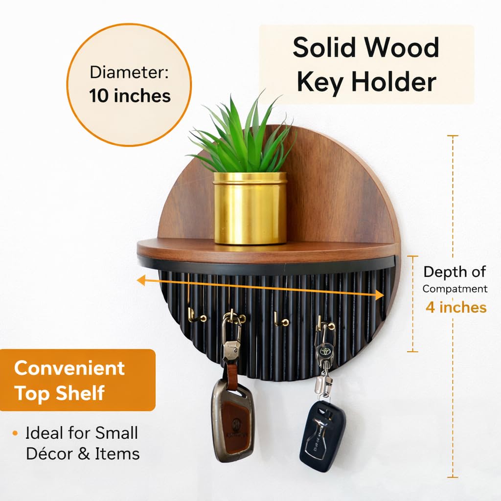 Round Wooden Wall Key Holder with Floating Display Shelf