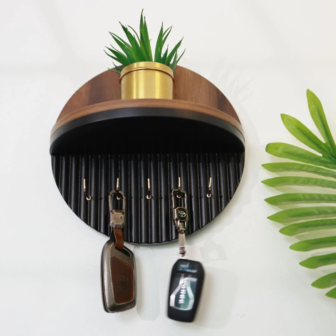Round Wooden Wall Key Holder with Floating Display Shelf