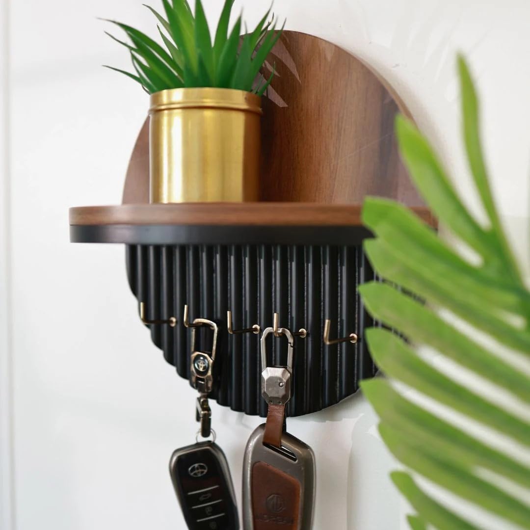 Round Wooden Wall Key Holder with Floating Display Shelf