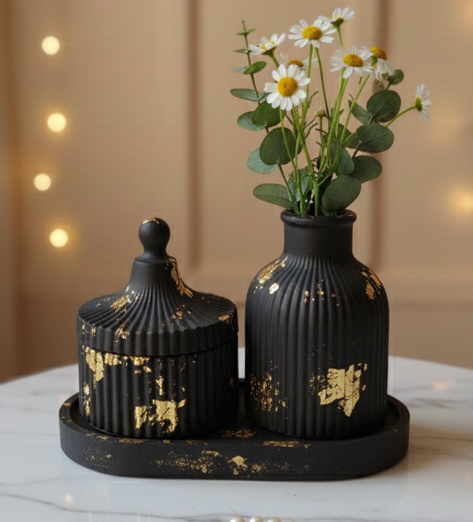 Black & Gold Ribbed Vase and Jar Set
